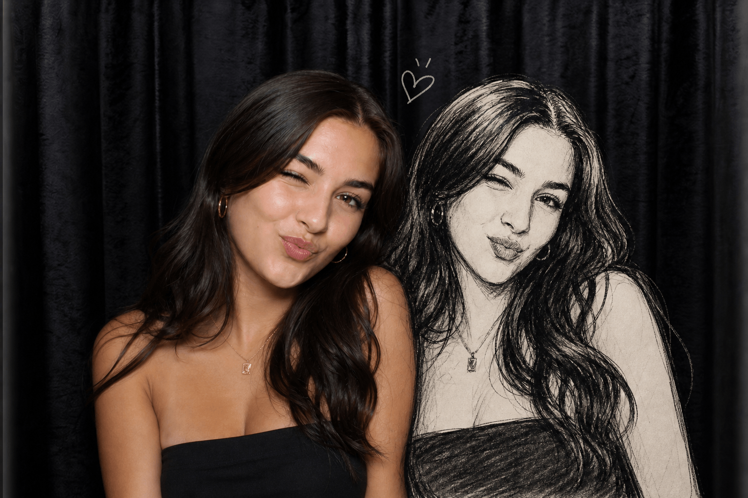 Social Booth guest standing beside an AI-generated charcoal doodle twin
