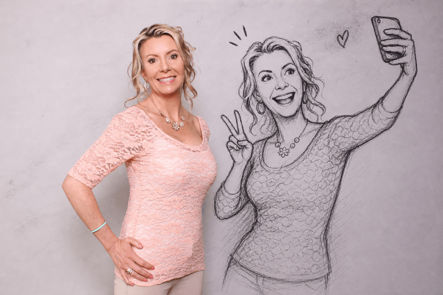 Social Booth guest standing beside an AI-generated charcoal doodle twin