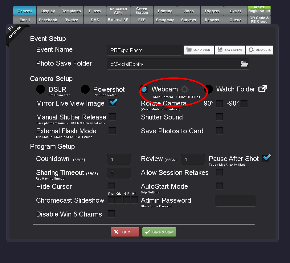 Social Booth settings for Snap Camera